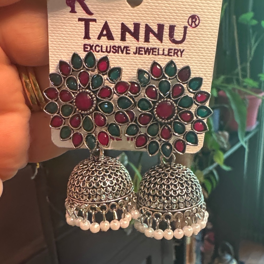 Silver, Red, and Green Jhumka Earrings